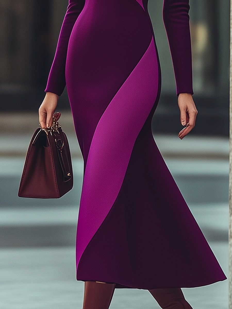 Elegant Plum and Lavender Slim-Fit High-Neck Dress