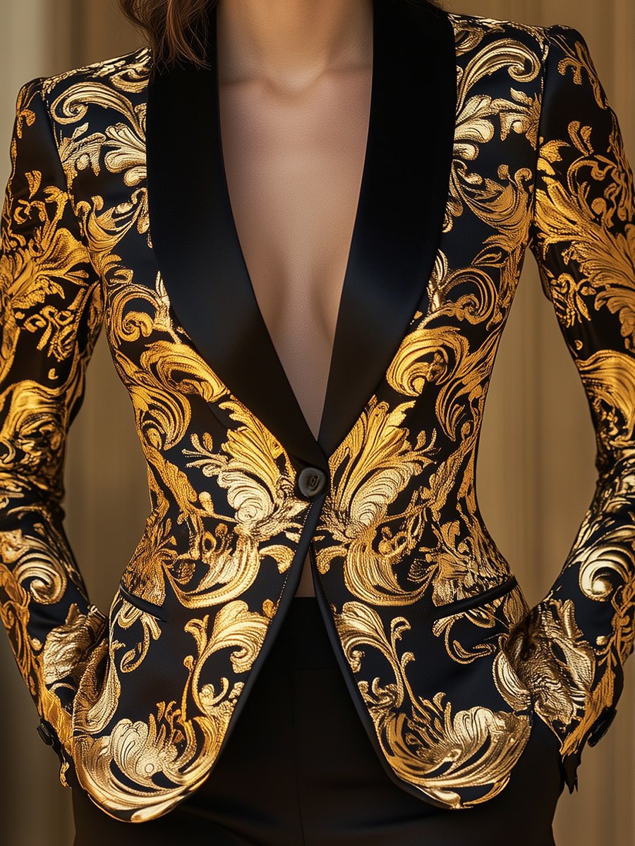 Opulent Black and Gold Blazer with Baroque Floral Printed