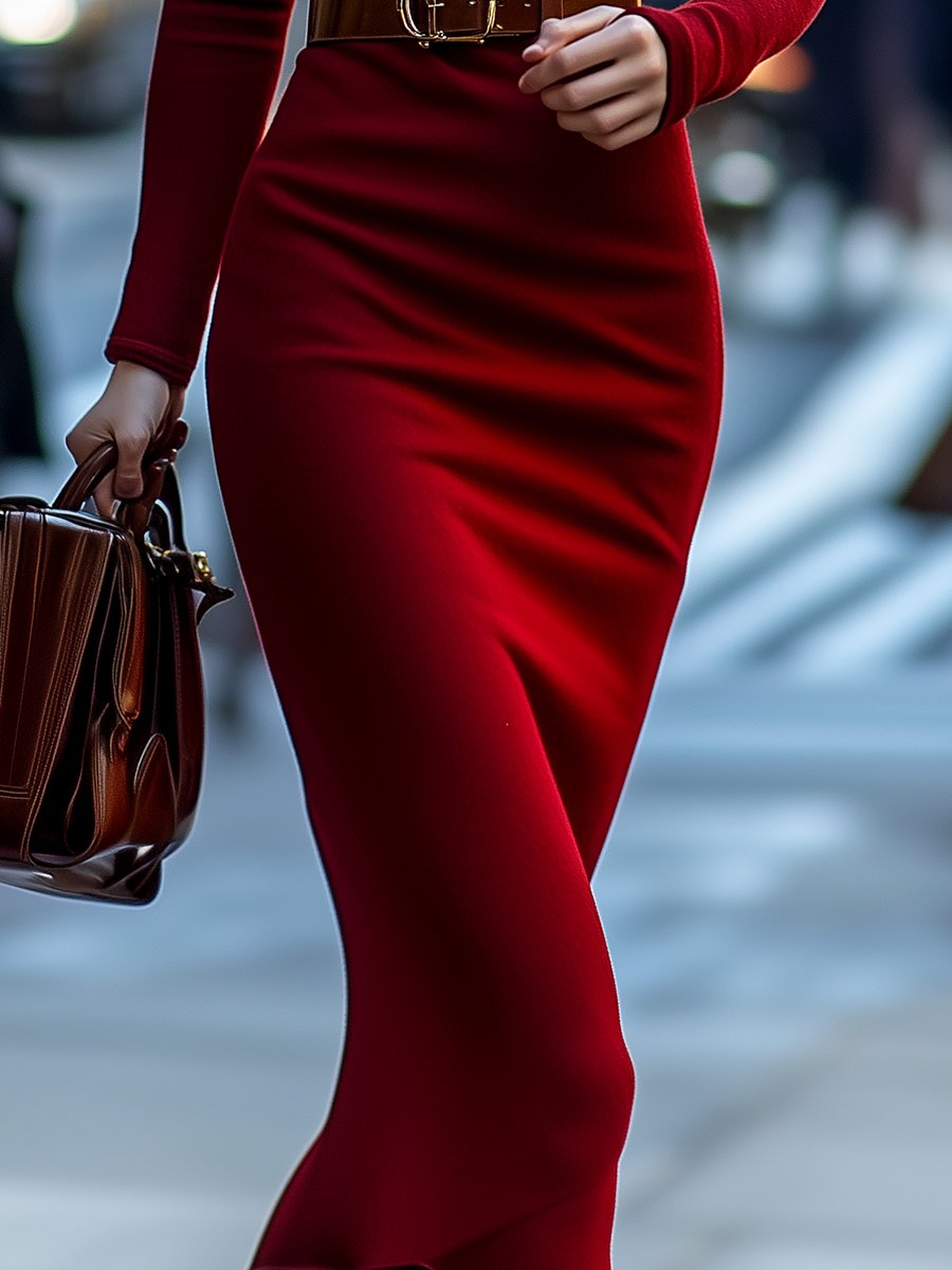 Elegant Red Turtleneck Knit Dress