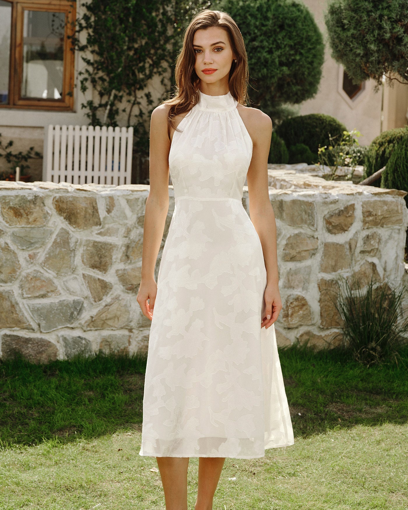 Beige Halter Floral Midi Dresses