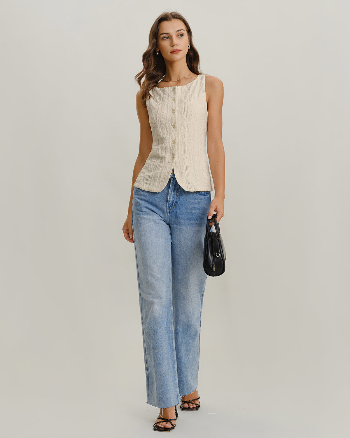 Beige Boat Neck Button Tank Top