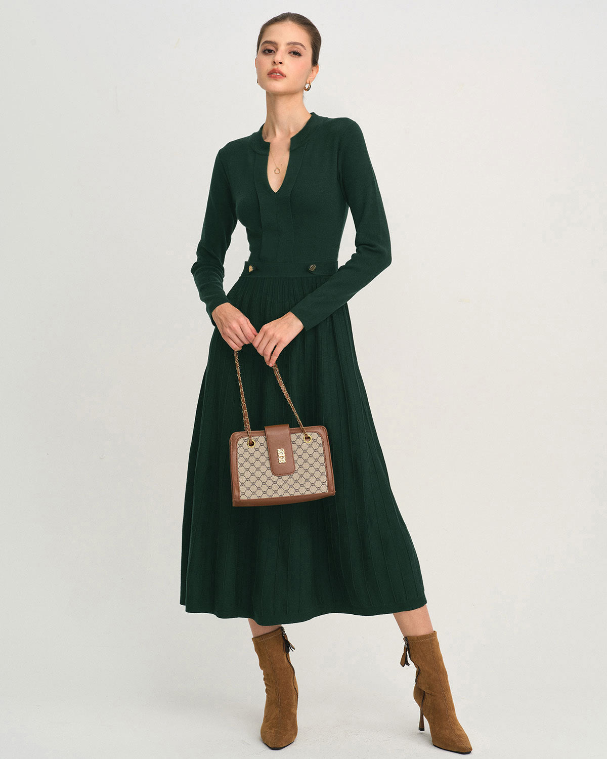 Green Round Neck A-Line Sweater Dress