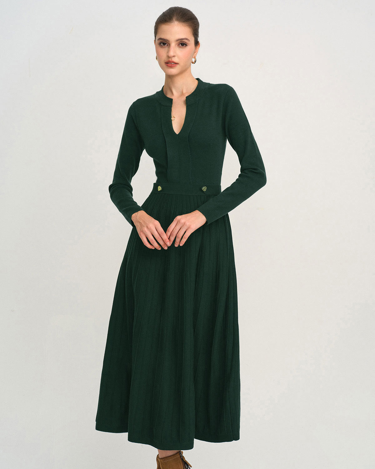Green Round Neck A-Line Sweater Dress