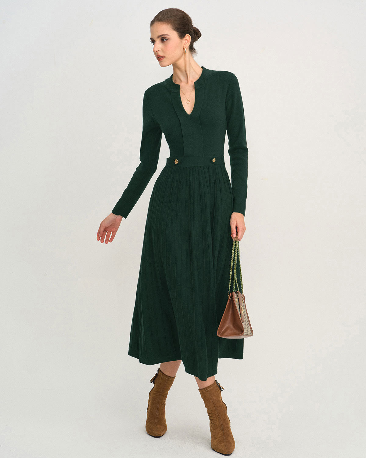 Green Round Neck A-Line Sweater Dress