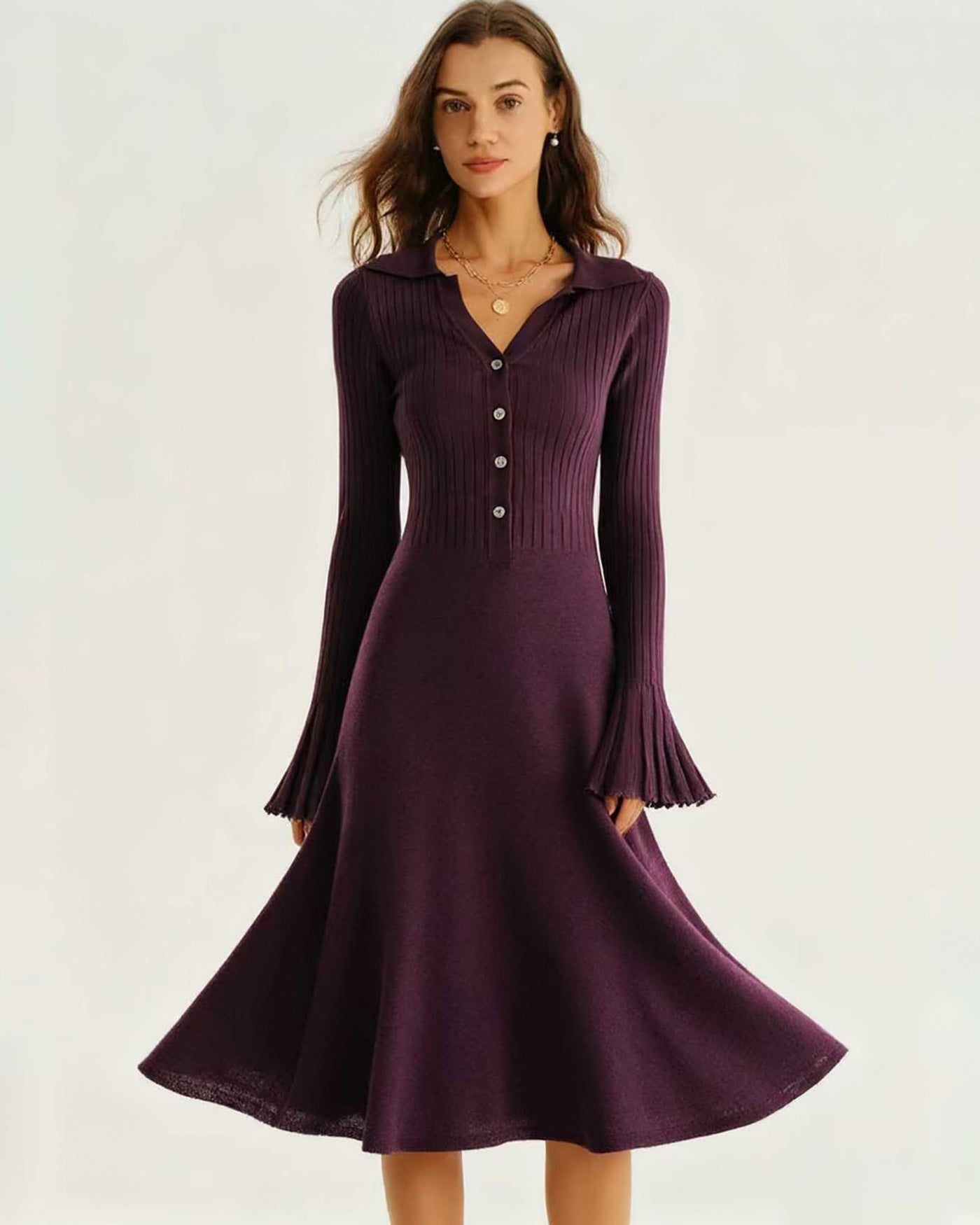 Purple Bell Sleeve A-Line Sweater Dress