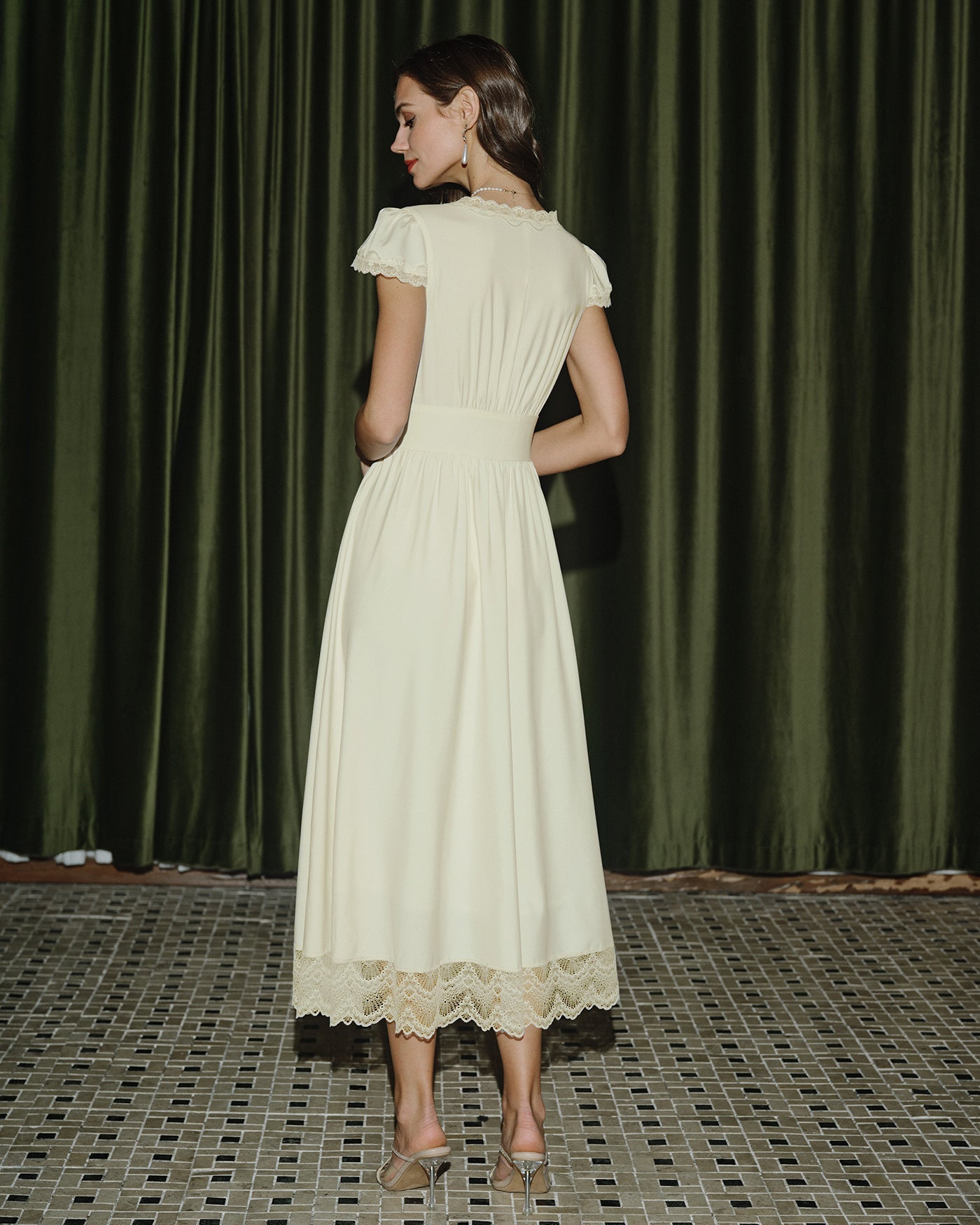 Apricot V Neck Lace Maxi Dress