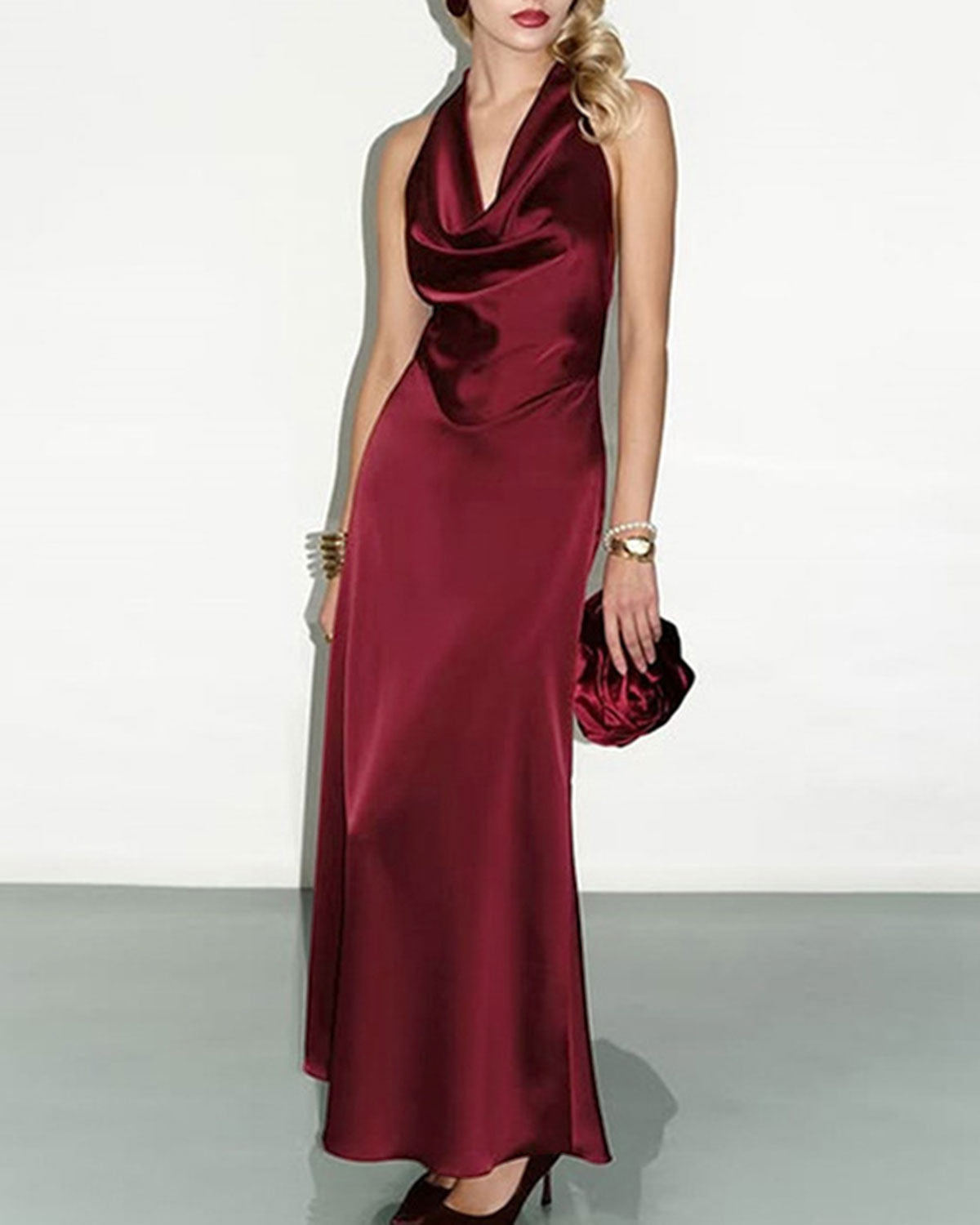 Wine Red Satin Halter Maxi Dress