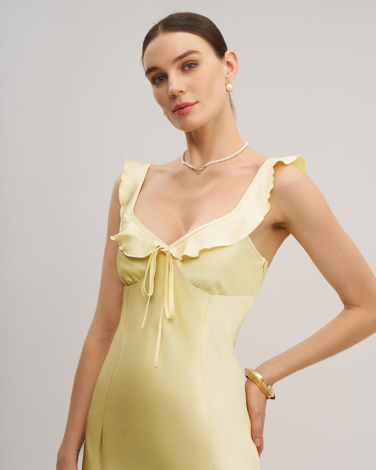 Yellow V Neck Ruffle Mermaid Midi Dress