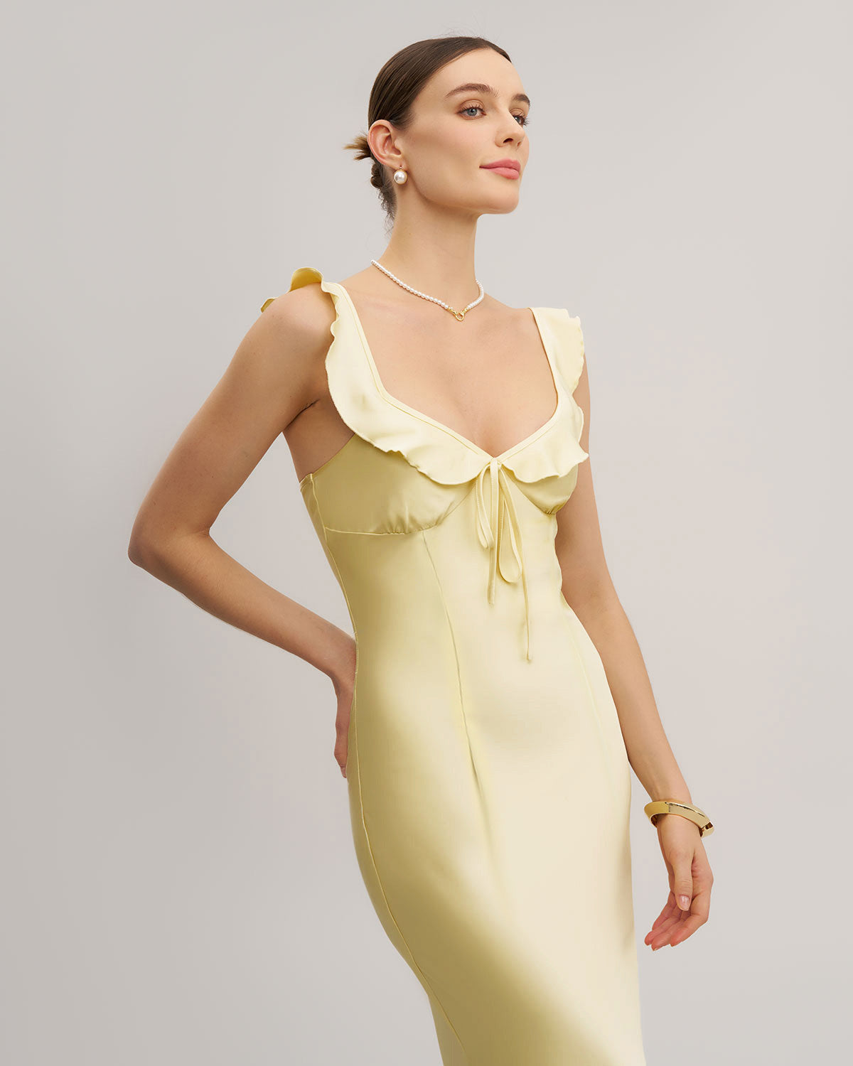 Yellow V Neck Ruffle Mermaid Midi Dress