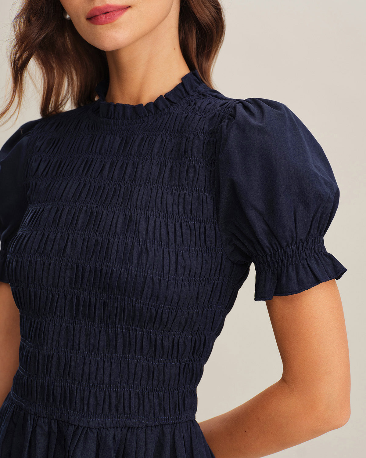 Blue Shirred A-Line Midi Dress
