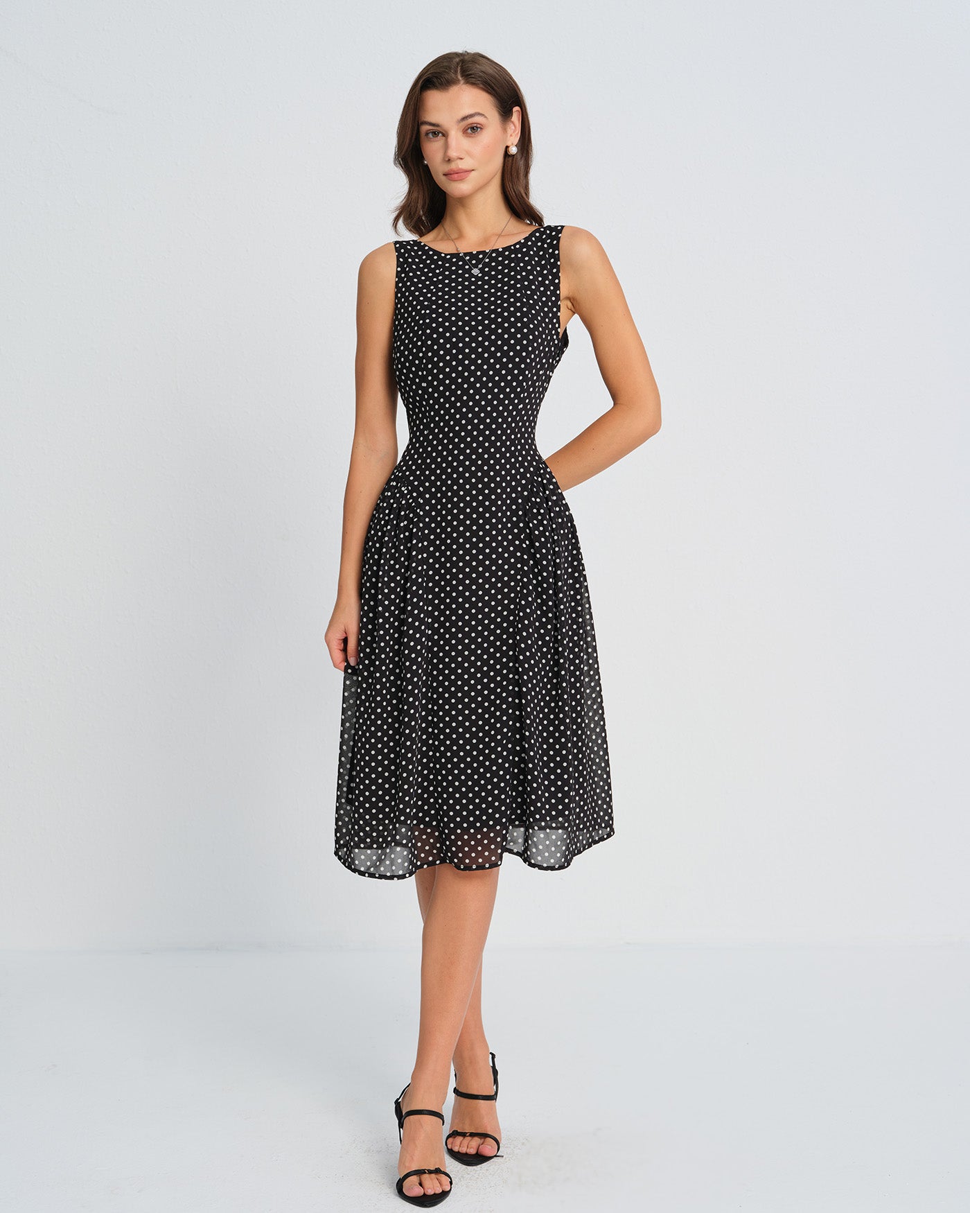 Black Polka Dot Chiffon Midi Dress