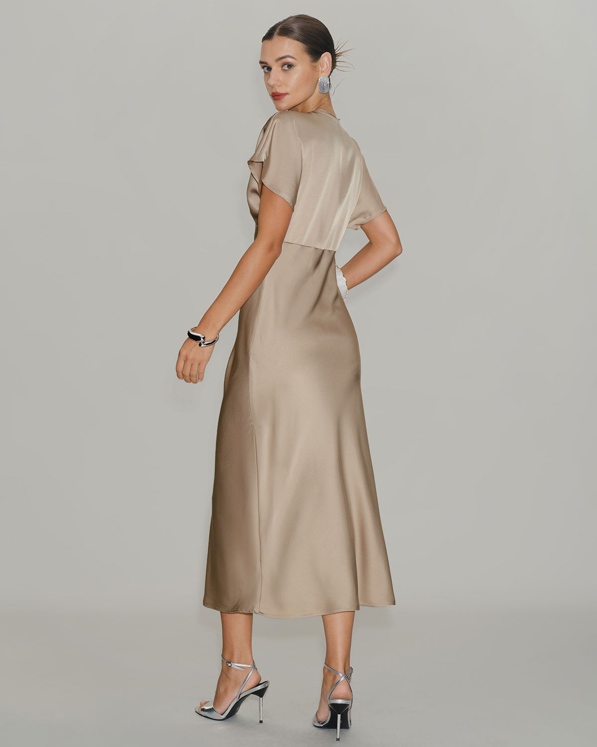 Apricot Satin V Neck A-Line Midi Dress